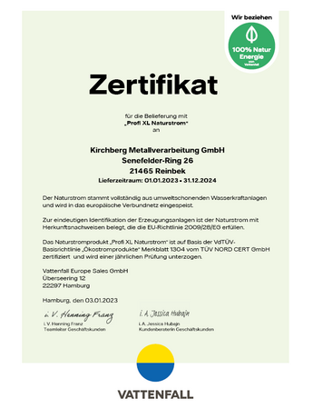 Naturstromzertifikat Kirchberg Metallverarbeitung GmbH