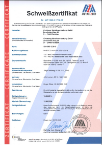 Schweißzertifikat EN 1090 bis EXC2 Kirchberg Metallverarbeitung GmbH