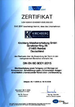 Qualitätsmanagement nach DIN EN ISO 9001:2015 Kirchberg Metallverarbeitung GmbH